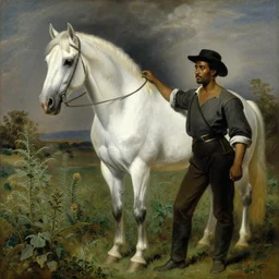 a painting of a black man next to a beautiful white horse in a weed field, in the style of jacques - louis david, amazing detail