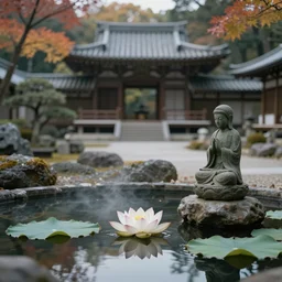 minimalist japanese garden, lotus in water, zen temple, statue, smoky autumn lightings, smoky atmosphere, japanese garden background, micro details, depth of field, annie leibovitz and moebius and man ray