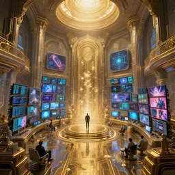 extremely beautiful high detailed interior scene with a temple of internet. by daniel f. gerhartz and artgerm and greg rutkowski. intricate details, sci - fi details, a lot of monitors, energetic mood, golden ratio composition, trending on artstation, volumetric lighting, 4 k, 8 k