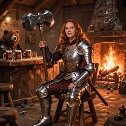 kate beckinsale weared in bulk full plate armor of dwarfs with huge hammer, sit in fantasy tavern near fireplace, behind bar deck with bear mugs, medieval dnd, colorfull digital fantasy art, 4k
