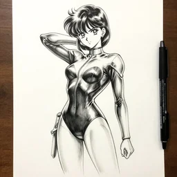 masterful professional ink pen liner sketch of a 1 9 9 0 s manga japanese girl posing in latex leotard, marvel style, concept art, fine details, crosshatching, trending on artstation, high quality paper, instagram photo. art university academy work, gnomon, calarts, disney pixar