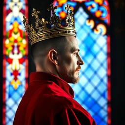detailed side - view portrait of a monarch wearing a slim crown, buzzcut, stubble, wears a red coat, gothic stained glass window, shiny blue background, very masterful, backlit