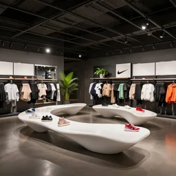 ( ( ( large nike boutique flagship retail ) ) ). black interior!!! white sensual flowing furniture!!! with colorful shoes and varied clothes. low ceilings with rails and spots. plants. muted colors. architectural photography, 8 k, realistic lighting, reflections, bloom, hyperdetailed environment, pbr materials.