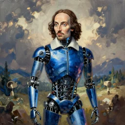 Shakespeare as a cobalt robot, digital art painting