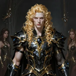 Lucius as an androgynous albino prince in jagged black gilded obsidian armor, long fluffy golden blonde curly hair, digital painting, muscular young man, sci-fi setting, symmetrical features, Daniel Gerhartz, high detail intricate, artstation, WLOP, Artgerm, J. Scott Campbell; Olivia De Berardinis, Daniel Gerhartz, jack kirby, mysterious vibes