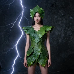 asian female wearing leaf costume, contrast lightning, rough dark background, art by dannylailai, by hsiao ron cheng