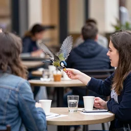 bird stealing food from patrons at sidewalk cafe