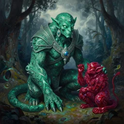 malachite and ruby golem in a dark forest, cloudy sky, fantasy, intricate, elegant, highly detailed, traditional painting, acrylic painting, artstation, concept art, matte, sharp focus, illustration, hearthstone, art by artgerm and greg rutkowski and alphonse mucha and alex ross