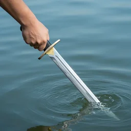 still photograph of a hand holding a sword, appearing out of water