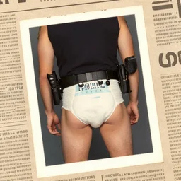 vintage newspaper photo of a police officer wearing a diaper, flash photo
