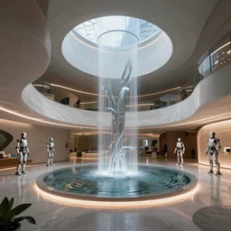 extremely detailed stunning curvilinear museum interior with water centered sculpture piece and led strips and humanoid robots