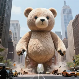 news photo of a giant jelly bear destroying new york city, movie still