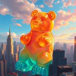 hyperdetailed painting of an oversized sweet translucent gummy bear towering over the city just like godzilla would