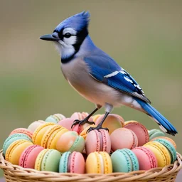 A photograph of a (photorealistic blue jay) standing on a large basket of rainbow macarons.