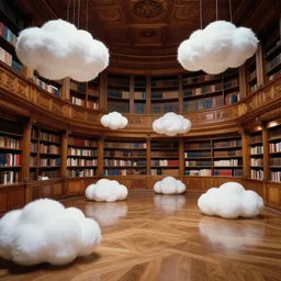 realistic photo interior of the spacious wooden polished and fancy expensive wooden room library interior with many white sculptures of clouds 1 9 9 0, life magazine reportage photo