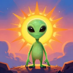 a friendly alien embodying ai entrepreneurship as the essence of a sunrise vivid iconic - n 9