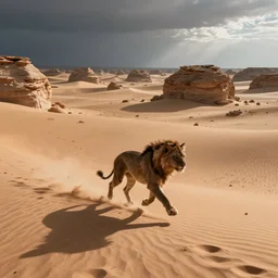 beast running across the open desert sand, karst landscape, wide shot, concept art by greg rutkowski