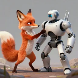 anthropomorphic fox fighting a robot