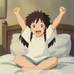 adorable anime girl sitting up in bed waking up and stretching  adorable cute in the style of ghibli