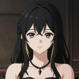 young gothic anime woman with black hair and golden highlights, wearing a black necklace and with pretty makeup, drawn by WLOP, by Avetetsuya Studios, anime drawing, trending on artstation