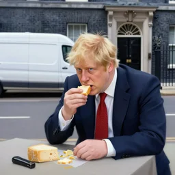 boris johnson eating cheese while there's a removal van outside downing street, by peter doig