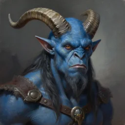 masterpiece painting of a portrait of a blue skinned orc with long horns, featured in artstation, concept art by Greg Rutkowski, WLOP, Dan Mumford, Christophe Vacher