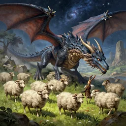cosmic dragon hunting sheeps, by camillo pasquali, inspired by artist maena, environment, sharp, intricate details, 8 k, concept artbook, artstation, video game, digital painting, digital art