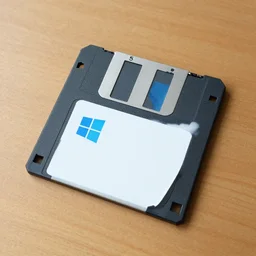 3.5 inch floppy diskette with Windows 11 logo on it's label, wooden table, photorealistic