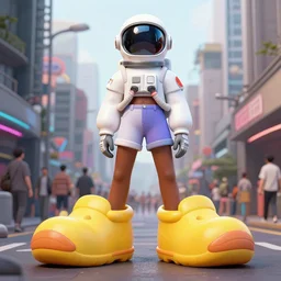 a fashion model in astronaut helmet, creative, brown skin, digital art, photo manipulation, artstation, standing, cyberpunk, giant, street, duck shoes, up there, photoshop, people