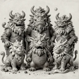 portrait mezzotint of a group of mythical monsters and beasts in a squishy style
