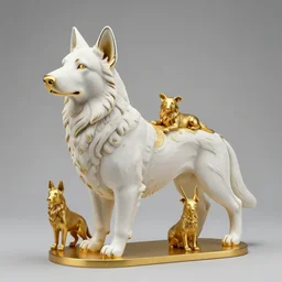 detailed photo of a white shepherd statue made of gold, various posed, studio light, 8 k, photorealism, intricate detail, museum diffuse lighting