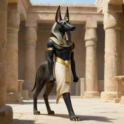 full body photo of anthropomorphic egyptian god anubis in a pristine temple, deep focus, highly detailed, digital painting, artstation, concept art, matte, sharp focus, illustration, art by artgerm and greg rutkowski and alphonse mucha