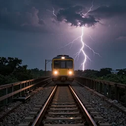 high fov photo of train coming towards the viewer on a railway bridge, with lightning strikes in the dark puffy clouds