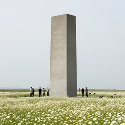 people gathered around an enormous, concrete monolith in the foreground of a meadow of daises, visible horizon, flat grey sky