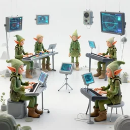ensemble of elves playing surrealist detailed electronic - instruments!! with blinking leds and oscilloscopes on screens in alien worlds, candid photography, highly detailed, uhd, unreal engine 5, character concepts, 8 k, photorealistic, award winning render, octane render