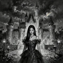 By Tom Bagshaw, ultra realist soft painting of a castle court by night, centered fading Kpop female artist fully dressed, horror, omnious sky, symmetry accurate features, very intricate details, black and white, fading rainbow light, volumetric light clouds, 8K