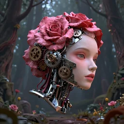 a female saints rose robot head made of gears and wires is flying in the fantasy forest by merriam, daniel, intricate mechanical details, futuristic, 2 k aesthetic, dramatic lighting, concept art, 4 k, 3 d octane render, pink and red colors, provenance, detailed, trending on artstation