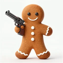 a ginger bread man holding a gun, ultra realistic, highly detailed, pristine
