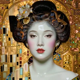 face centered portrait, artwork by james jean, hyperdetailed realistic smooth polished porcelain, beautiful indonesian queen, jean delville, art nouveau, gustav klimt, ornate copper patina gothic icon, james jean, ultrasharp hyperdetailed photorealistic octane render