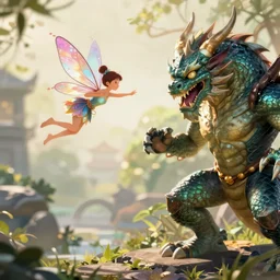 flying fairy fighting against dragon demon