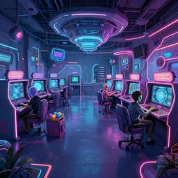 two alien playing game at its spacious gaming room, hi - tech gaming setup, intricate, led lights, retrowave, indoor, spacious, artstation, art by filip hodas and artgerm