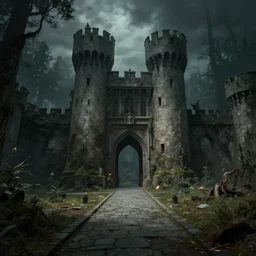 a highly detailed 4 k fantasy matte painting of pov camera of the castle courtyard with open entrance open with dark forrest on the other side, ominous, cinematic shot, zdzislaw beksinski, artstation, cgsociety, unreal engine