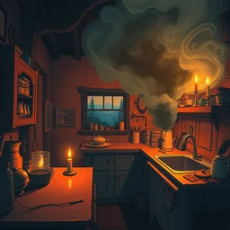 weird perspective epic illustration of a kitchen dim lit by 1 candle in a scenic environment by anton fadeev, smoke, spiral