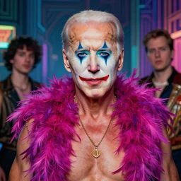 portrait of glamor greek god | joe biden | feather boa | ( ( ( ( clown ) ) ) ) | asylum background | highly detailed | very intricate | professional model | cinematic lighting | painted by donato giancola and mandy jurgens and charlie bowater | bold colors, artdeco, art deco synthwave anime aesthestic, 8 0 s nostalgia | artstation