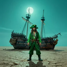 turquoise moonlight, a green pirate stands beside his wrecked fifteenth century carrack at the bottom of a dried - up lake in an ivory desert beneath a starless night sky, evangelion, kyoto animation still, intricately detailed features, digital painting, yoshiyuki sadamoto