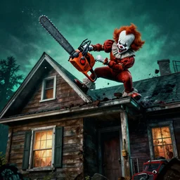 A terrible clown chainsaw falls from the roof of a wooden house, evil, real photo from the scene, best horror movies, top horor games, Joker, pennywise, volumetric light