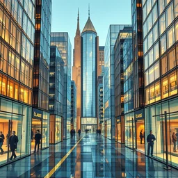 a city made of glass, ground level perspective, art nouveau and cubism