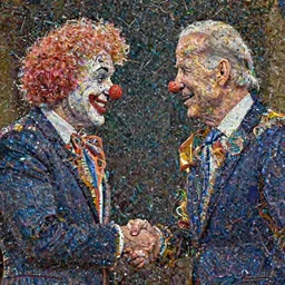 hyperrealistic mixed media image of joe biden shaking hands with a clown, stunning 3 d render inspired art by istvan sandorfi and greg rutkowski, perfect facial symmetry, realistic, highly detailed attributes and atmosphere, dim volumetric cinematic lighting, 8 k octane extremely hyper - detailed render, post - processing, masterpiece,