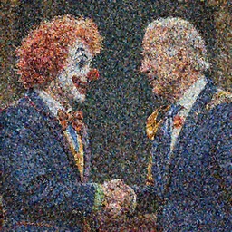 hyperrealistic mixed media image of joe biden shaking hands with a clown, stunning 3 d render inspired art by istvan sandorfi and greg rutkowski, perfect facial symmetry, realistic, highly detailed attributes and atmosphere, dim volumetric cinematic lighting, 8 k octane extremely hyper - detailed render, post - processing, masterpiece,