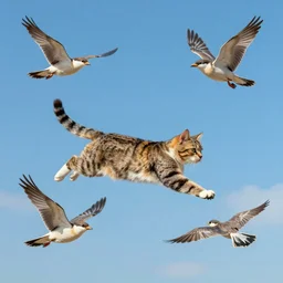 A  cat flying in the sky, and three birds flying around it, the painting style lively and bright.